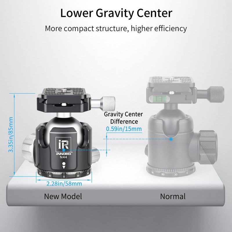 Innorel Low Profile Tripod Ball Head-INNOREL N44,Panoramic CNC Metal Camera Tripod Ball Head with Two 1/4" Screw Arca Swiss Quick Release Plates for Tripod,Monopod,DSLR,Camcorder,Max Load 55lbs/25kg - Image 2